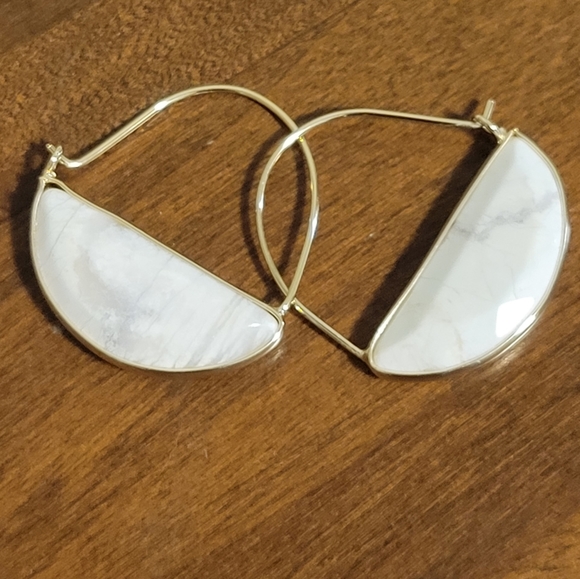 Gold & White Stone Hoop Style Earrings Hook and Eye Closure - Picture 3 of 5
